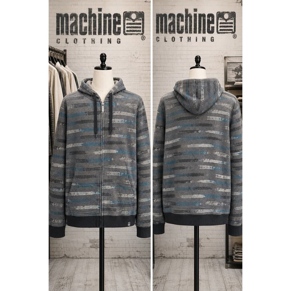 Machine Clothing Zip Hoodie Gray Blue Striped Fleece Full Zip M